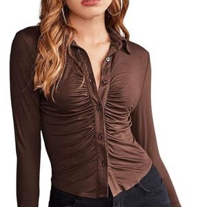 Brown Button Up Ruched Crop Top Long Sleeve